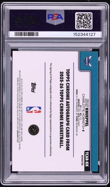 2025 Topps Chrome Refractor Kon Knueppel ROOKIE AUTO DNA 10 #TCAR-KK PSA 8 NM-MT