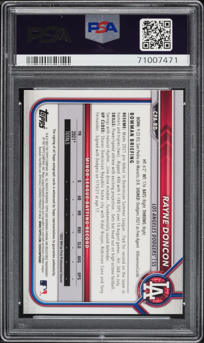 2022 Bowman Chrome Gold Shimmer Refractor Rayne Doncon PROSPECT AUTO /50 #CPARD PSA 10 GEM MINT