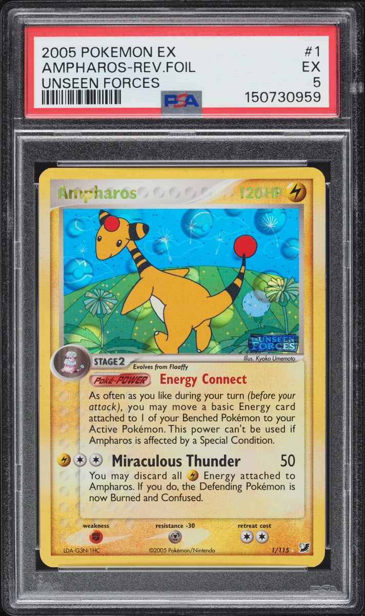 2005 Pokemon EX Unseen Forces Reverse Holo Ampharos #1 PSA 5 EX