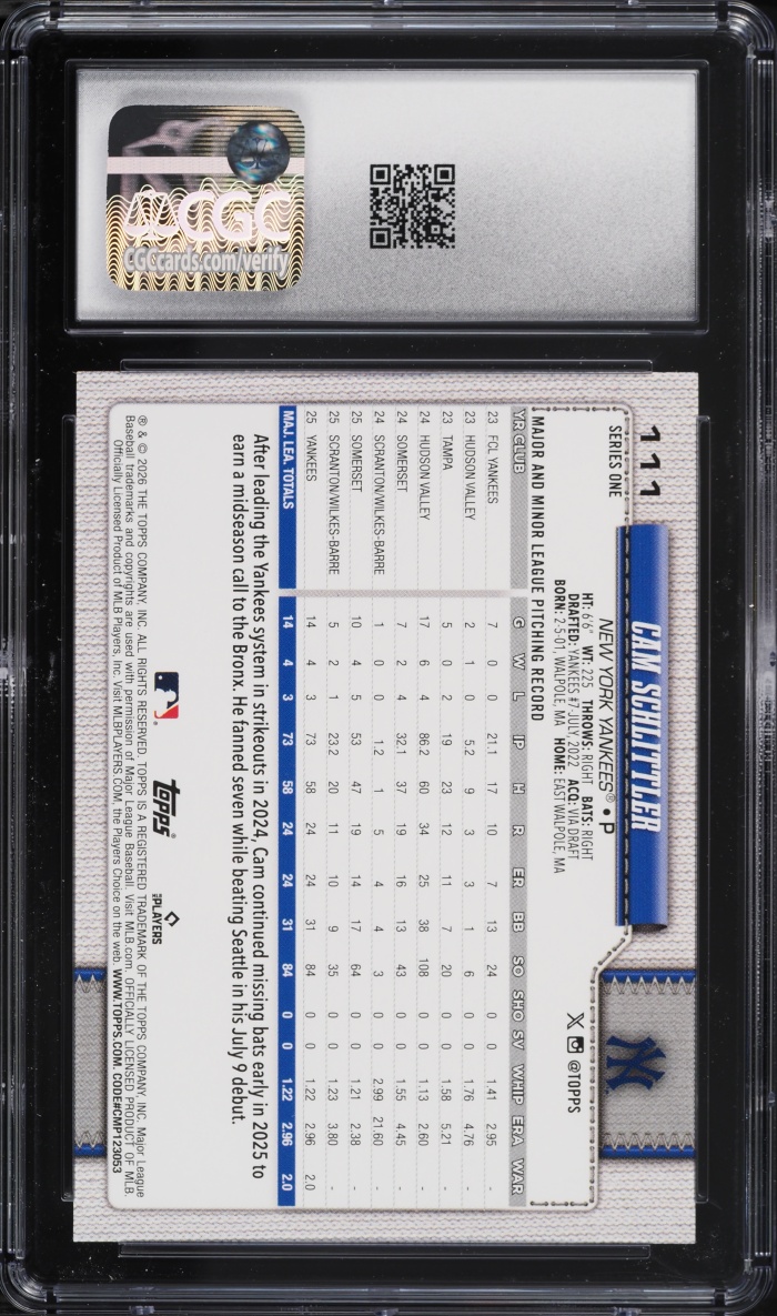 2026 Topps Cam Schlittler ROOKIE #111 CGC 10 GEM MINT