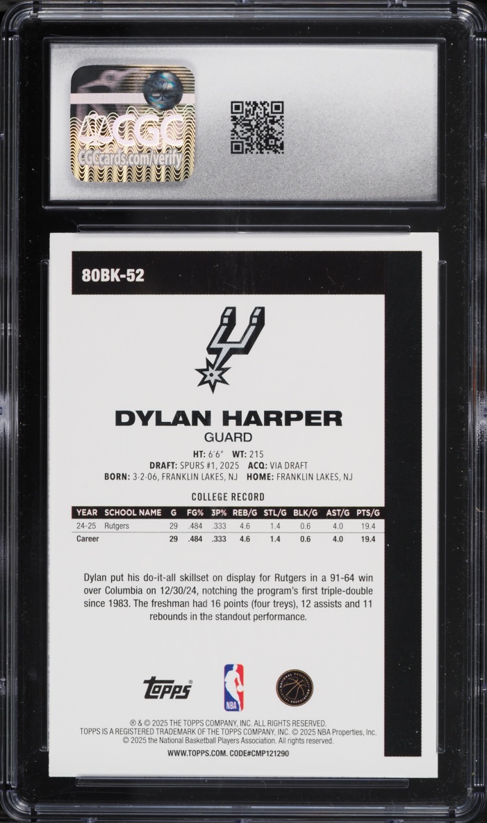 2025 Topps '80 Dylan Harper ROOKIE #80BK-52 CGC 9.5 MINT+