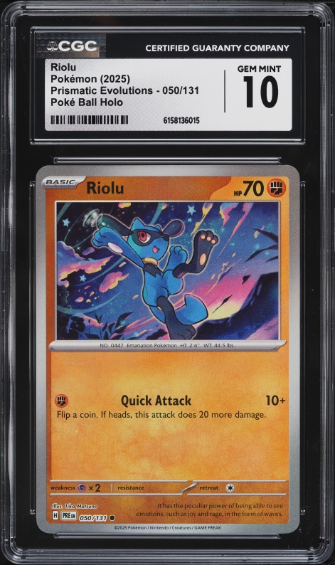 2025 Pokemon Scarlet & Violet Prismatic Evolutions Poke Ball Reverse Holo Riolu #50 CGC 10 GEM
