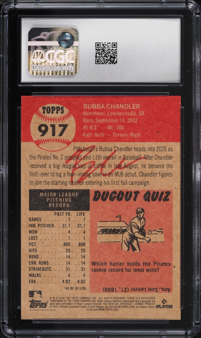 2026 Topps Living Set Bubba Chandler ROOKIE #917 CGC 10 GEM MINT