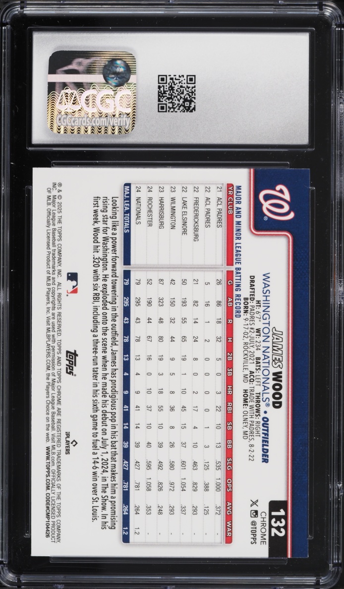 2025 Topps Chrome James Wood ROOKIE #132 CGC 10 GEM MINT