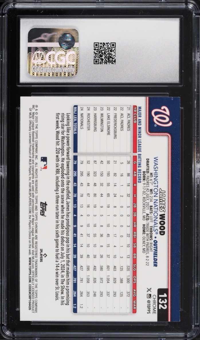 2025 Topps Chrome James Wood ROOKIE #132 CGC 8.5 NM-MT+