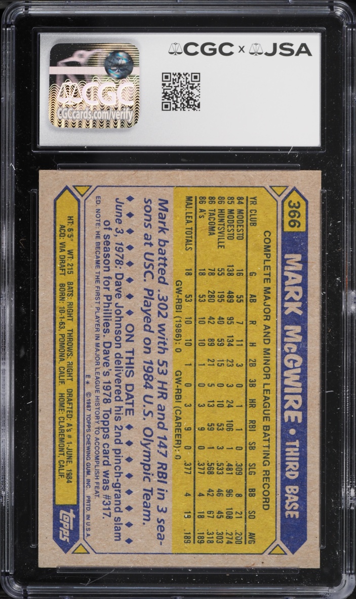 1987 Topps Mark McGwire ROOKIE AUTO #366 JSA CGC 8.5 NM-MT+