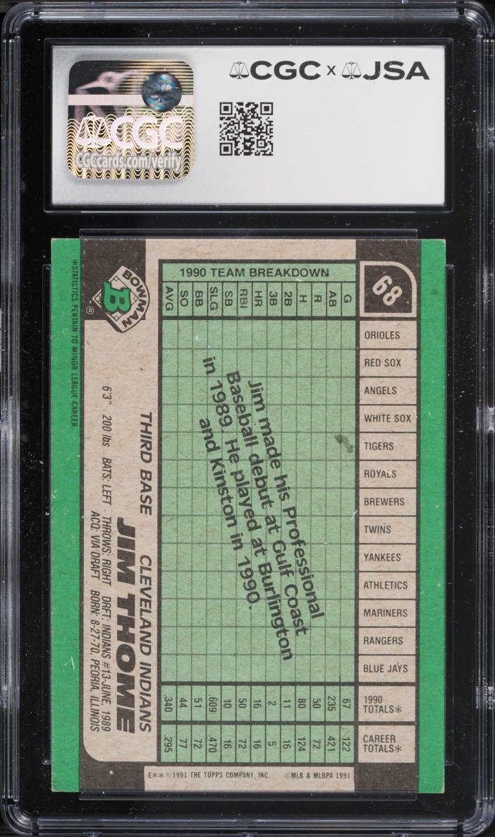 1991 Bowman Jim Thome ROOKIE AUTO #68 JSA CGC 7.5 NRMT+