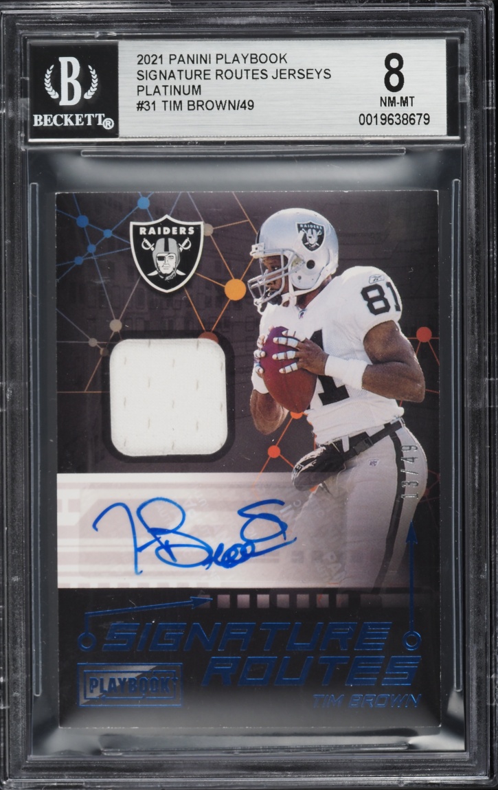 2021 Panini Playbook Signature Routes Platinum Tim Brown PATCH AUTO /49 #SRO-TBR BGS 8 NM-MT