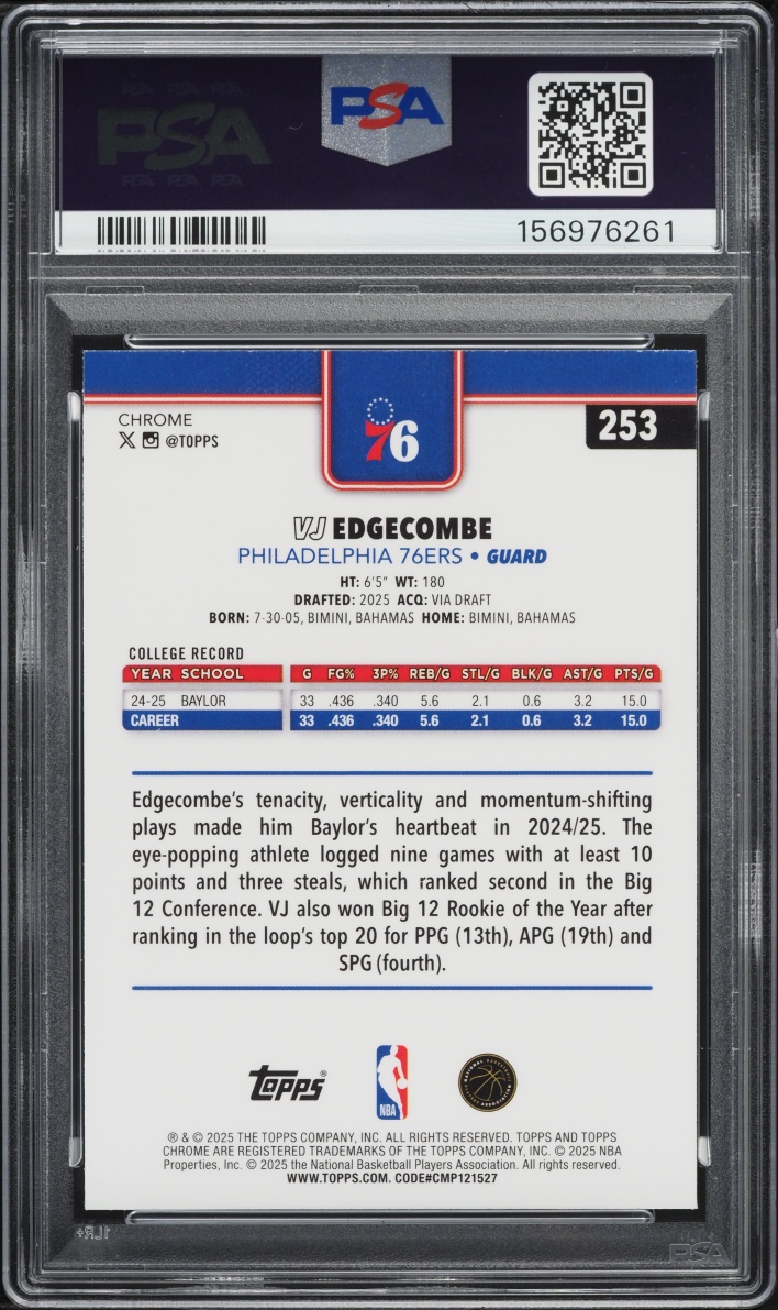 2025 Topps Chrome Sapphire Edition VJ Edgecombe ROOKIE #253 PSA 8 NM-MT
