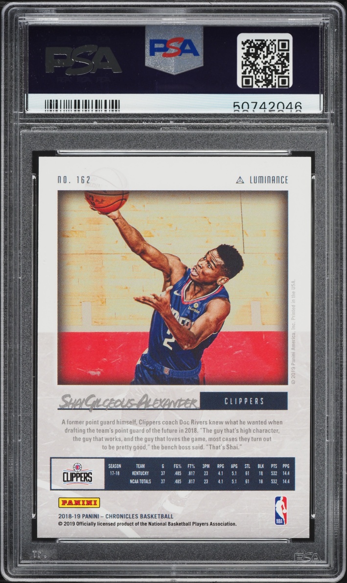 2018 Panini Chronicles Luminance Shai Gilgeous-Alexander ROOKIE #162 PSA 10 GEM MINT