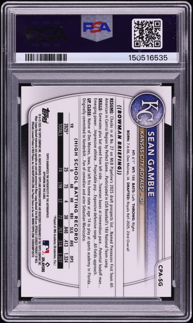 2025 Bowman Chrome Draft Red Refractor Sean Gamble PROSPECT AUTO DNA 10 /5 #CPA-SG PSA 10 GEM