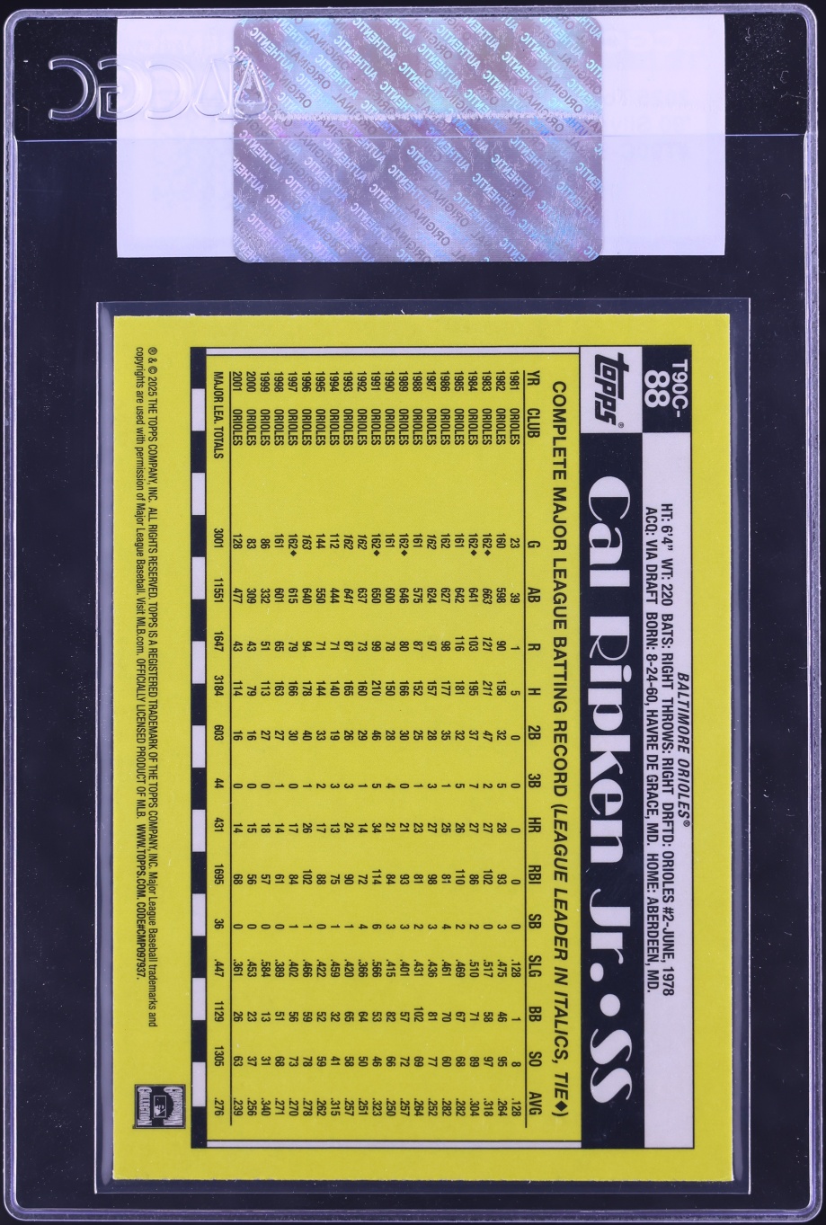 2025 Topps Chrome '90 Silver Pack Cal Ripken Jr. #T90C-88 CGC AUTH