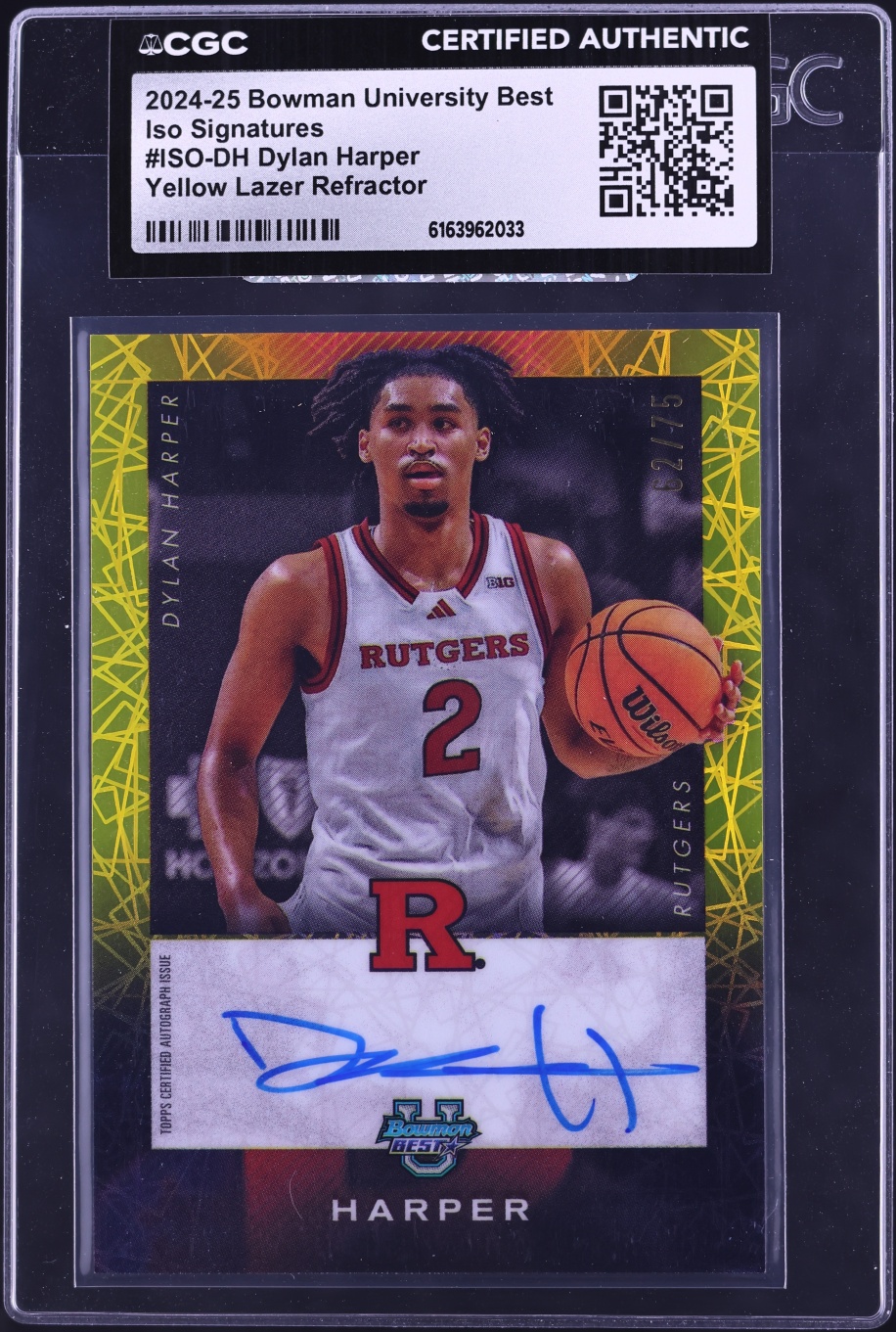 2024 Bowman University Best Iso Yellow Lazer Refractor Dylan Harper ROOKIE AUTO /75 CGC AUTH