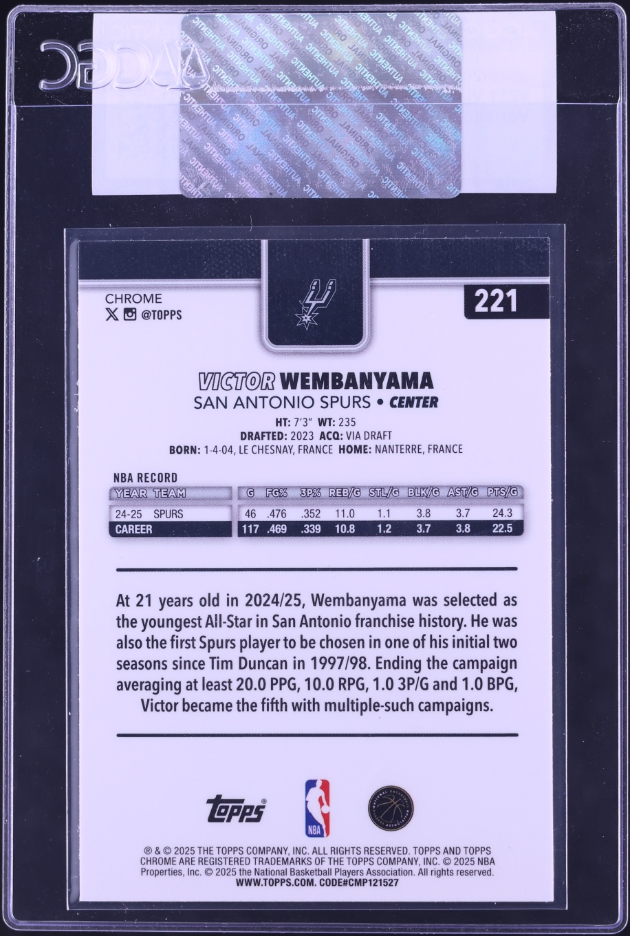 2025 Topps Chrome Variation Victor Wembanyama #221 CGC AUTH