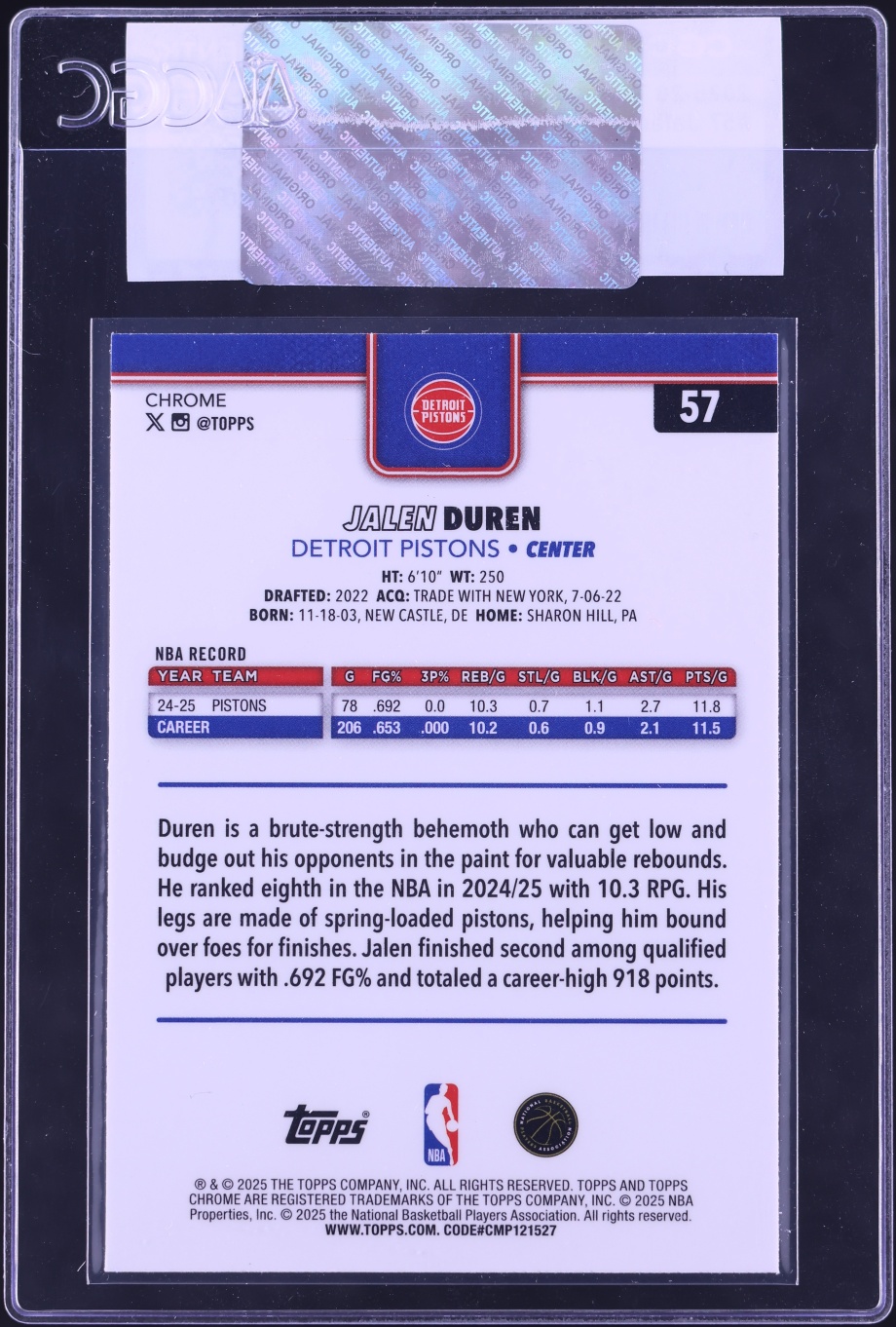 2025 Topps Chrome Sapphire Jalen Duren #57 CGC AUTH