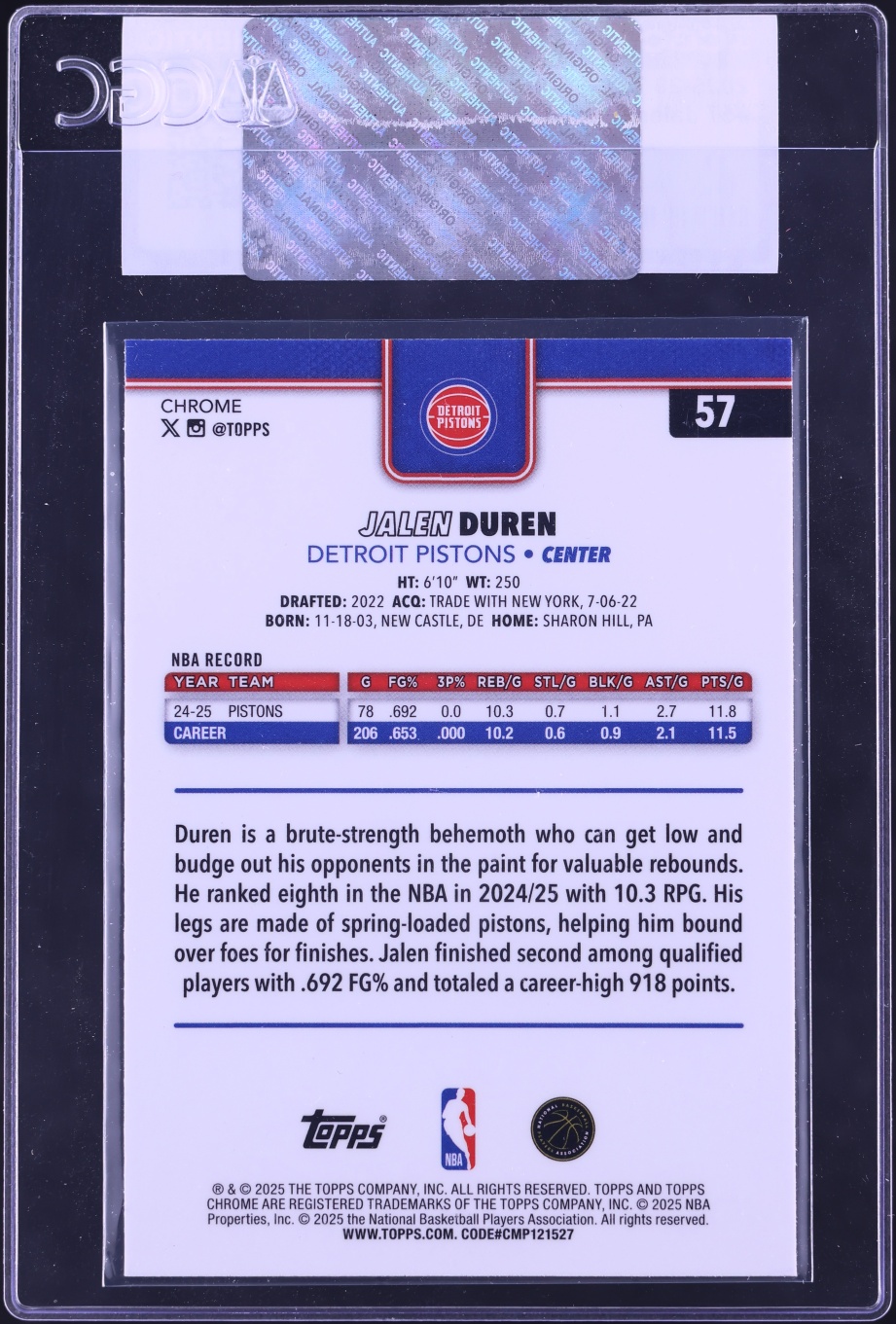 2025 Topps Chrome Sapphire Jalen Duren #57 CGC AUTH