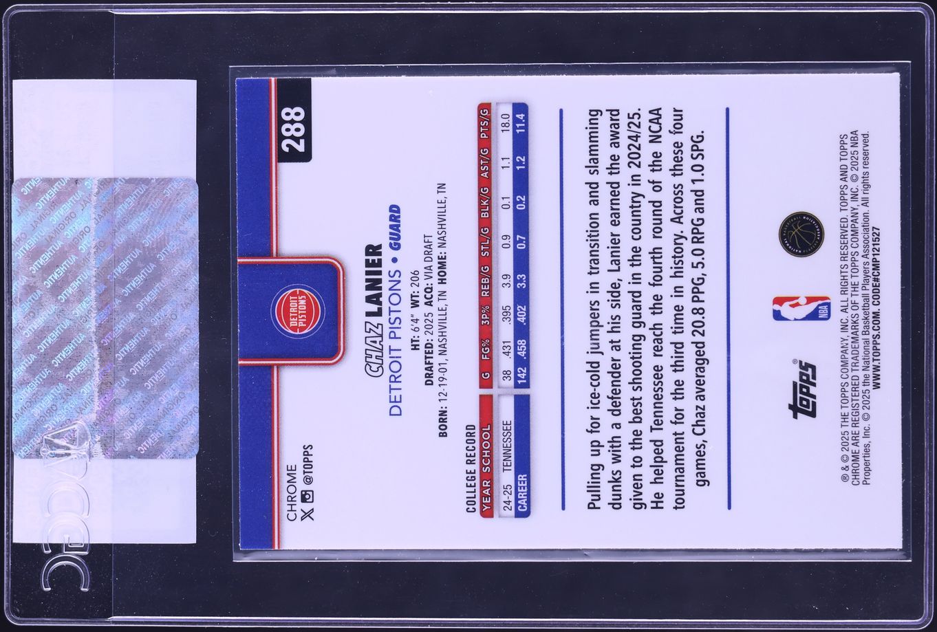 2025 Topps Chrome Sapphire Chaz Lanier ROOKIE #288 CGC AUTH