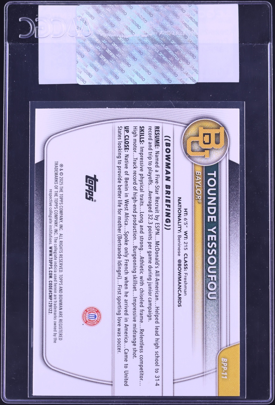 2025 Bowman Prospects Tounde Yessoufou ROOKIE #BPP-11 CGC AUTH