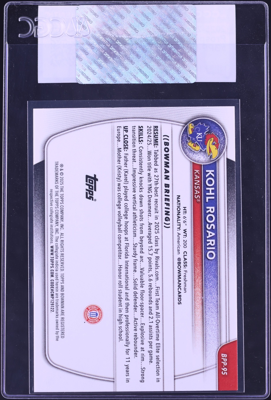 2025 Bowman Prospects Kohl Rosario ROOKIE #BPP-95 CGC AUTH