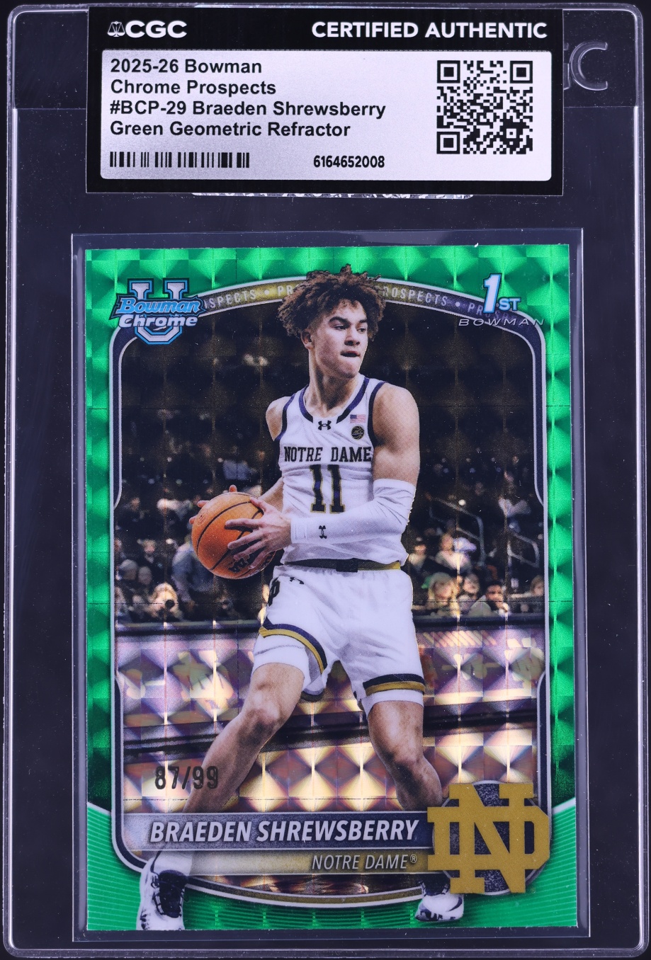 2025 Bowman Chrome Green Geometric Refractor Braeden Shrewsberry ROOKIE /99 #BCP-29 CGC AUTH