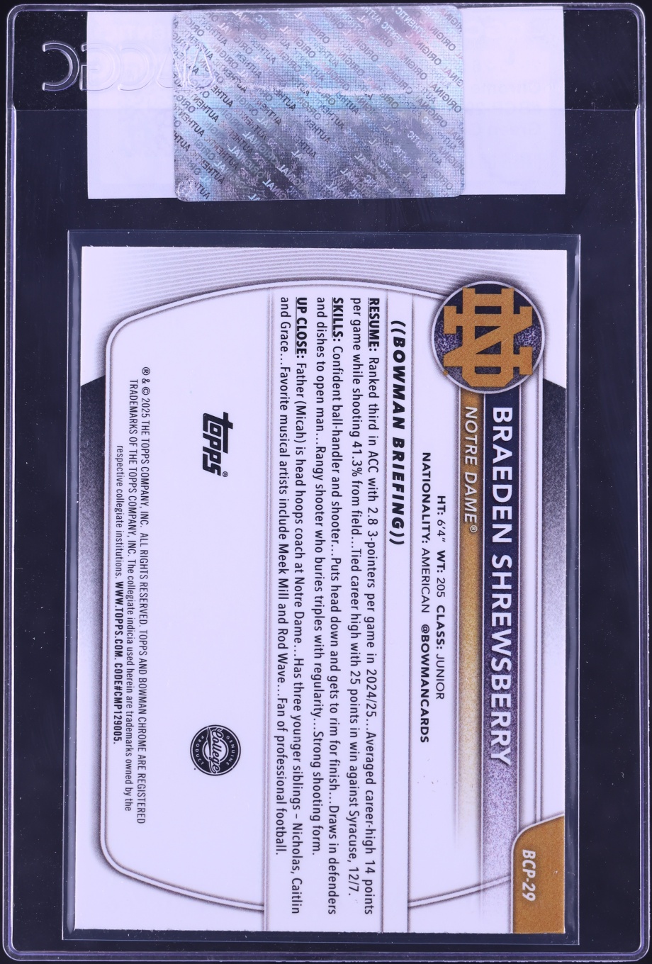 2025 Bowman Chrome Green Geometric Refractor Braeden Shrewsberry ROOKIE /99 #BCP-29 CGC AUTH