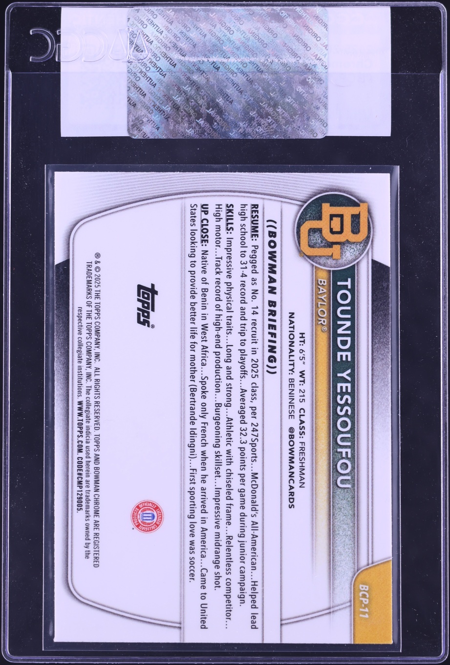 2025 Bowman Chrome Prospects Tounde Yessoufou ROOKIE #BCP-11 CGC AUTH