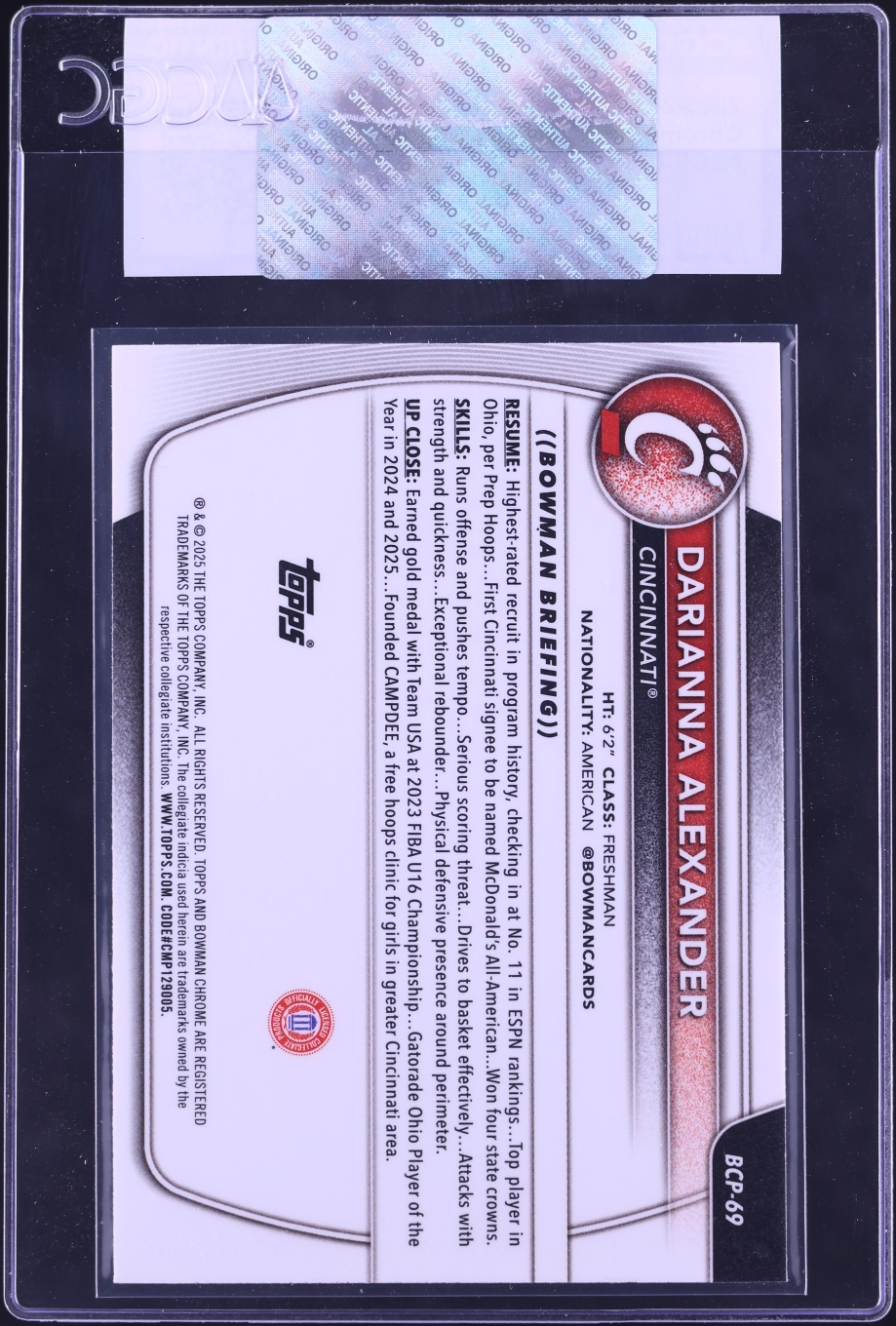 2025 Bowman Chrome Prospects Darianna Alexander ROOKIE #BCP-69 CGC AUTH
