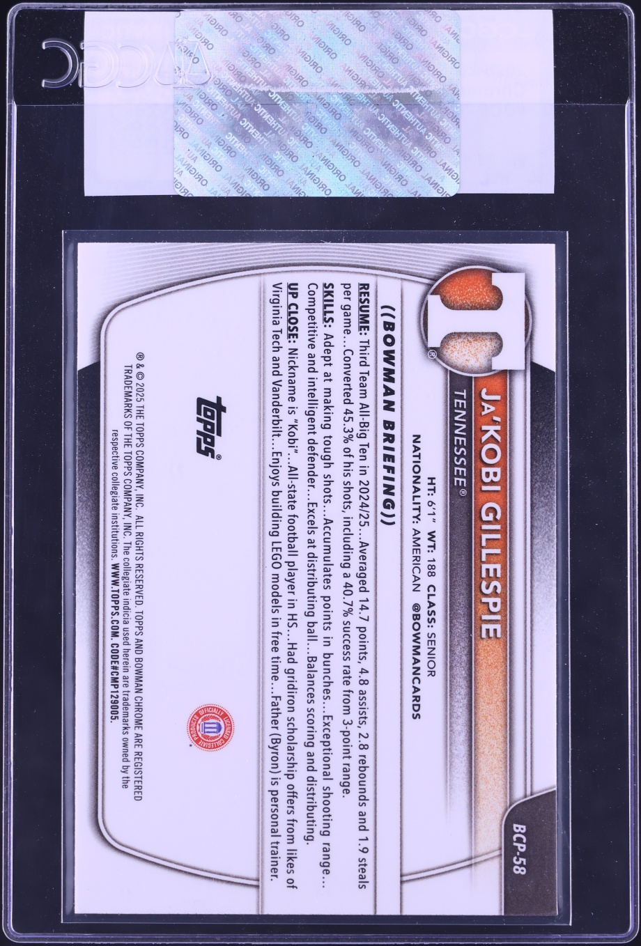 2025 Bowman Chrome Ja'Kobi Gillespie ROOKIE #BCP-58 CGC AUTH
