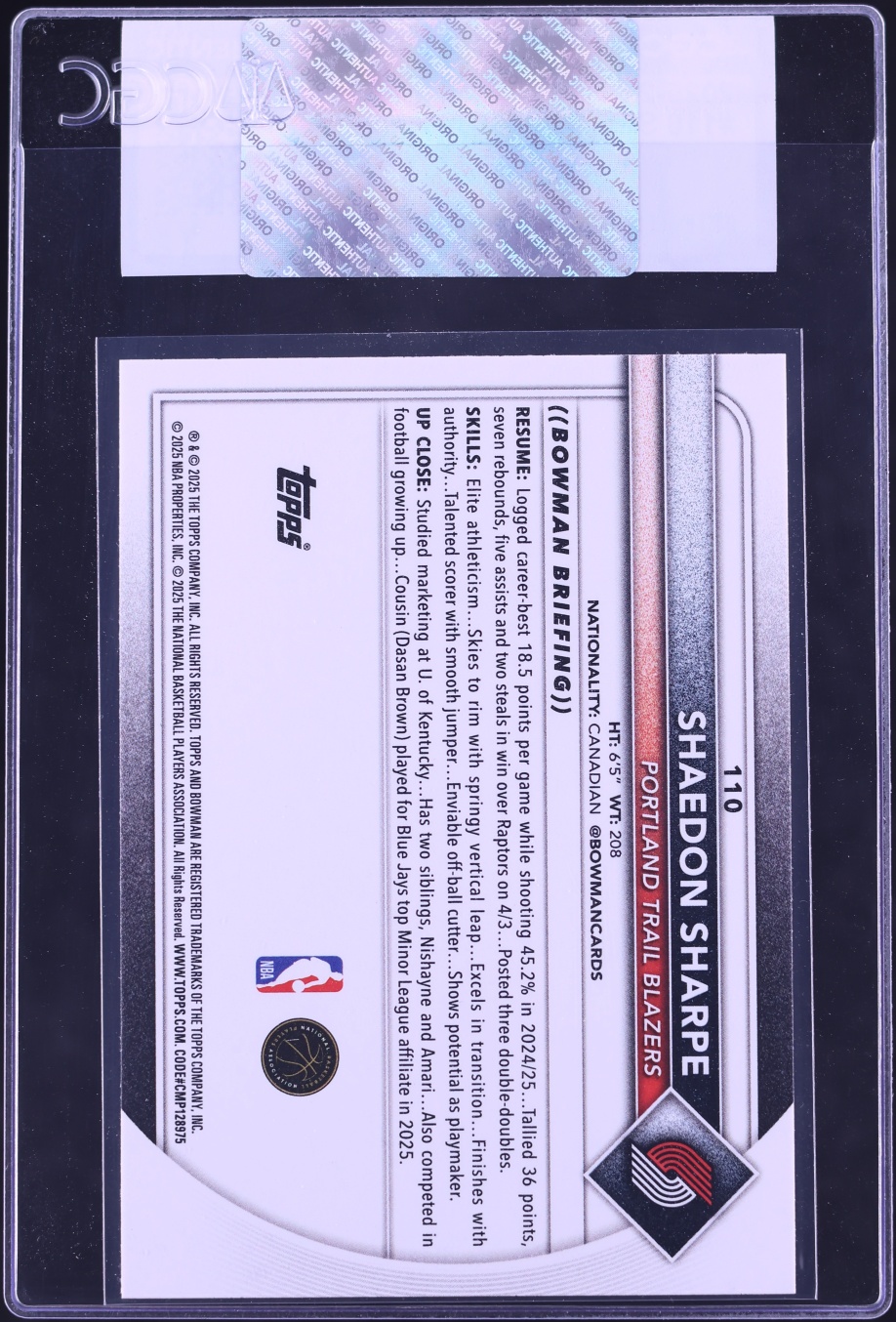 2025 Bowman Basketball Shaedon Sharpe #110 CGC AUTH