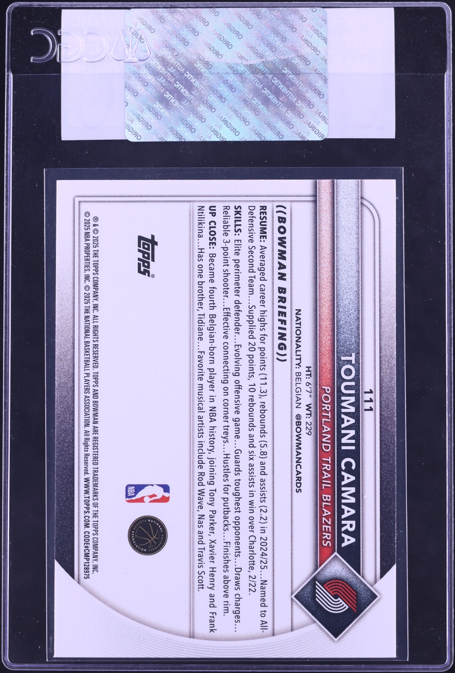2025 Bowman Basketball Toumani Camara #111 CGC AUTH