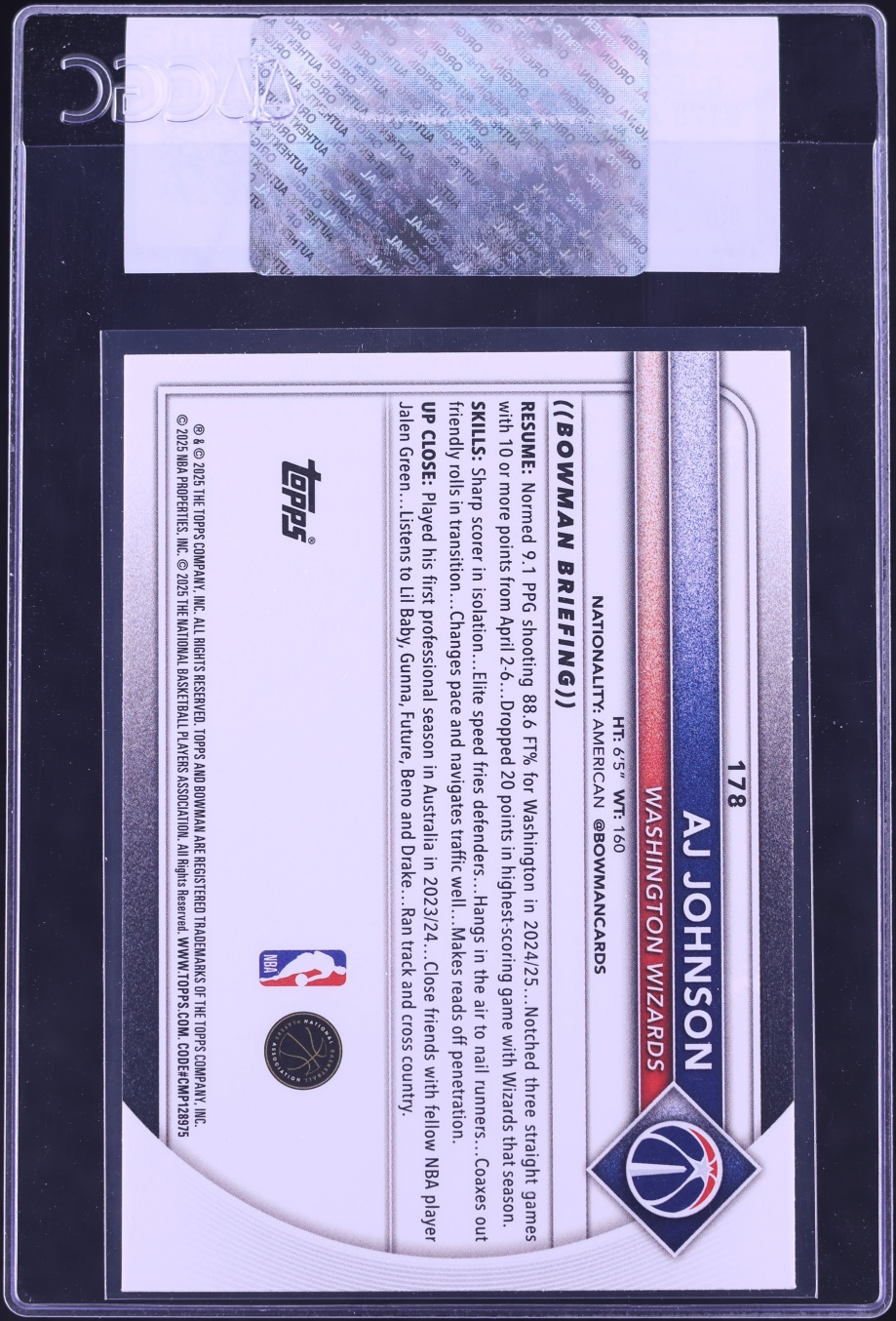 2025 Bowman Basketball AJ Johnson #178 CGC AUTH