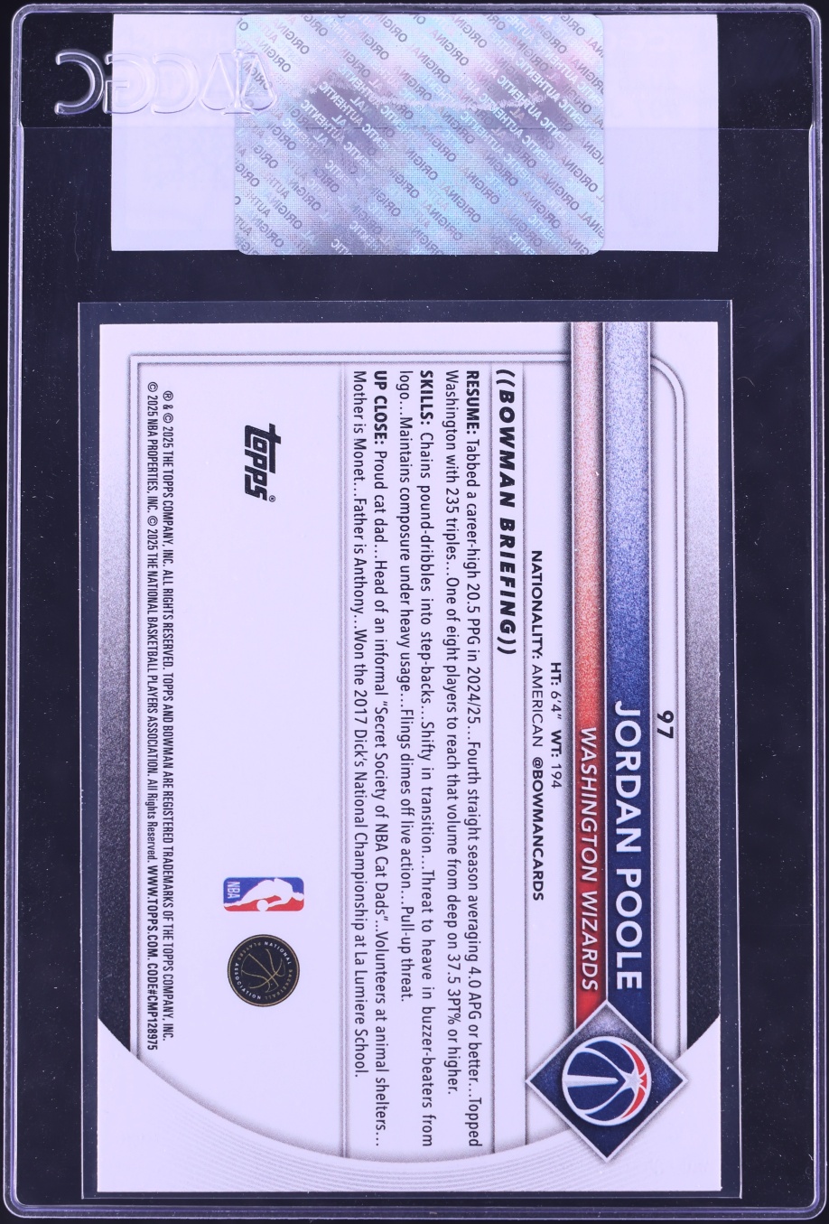 2025 Bowman Basketball  Jordan Poole #97 CGC AUTH