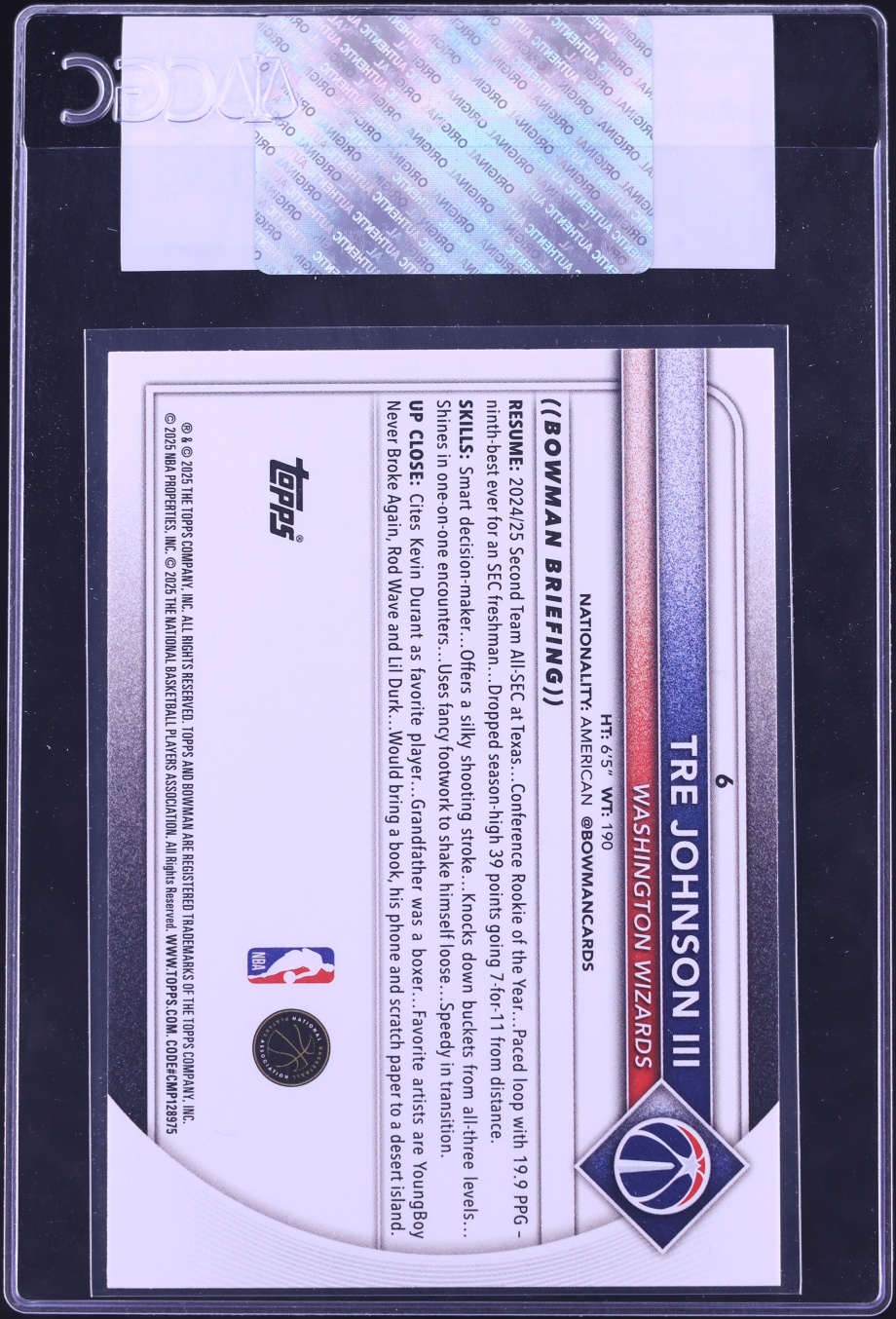 2025 Bowman Basketball Tre Johnson III ROOKIE #6 CGC AUTH