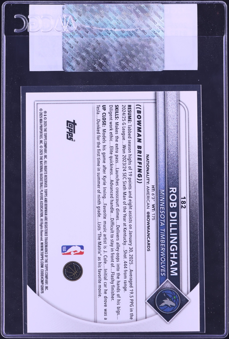 2025 Bowman Basketball Rob Dillingham #182 CGC AUTH