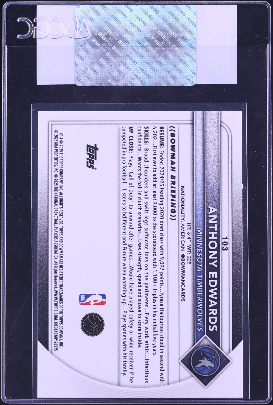 2025 Bowman Basketball Anthony Edwards #103 CGC AUTH