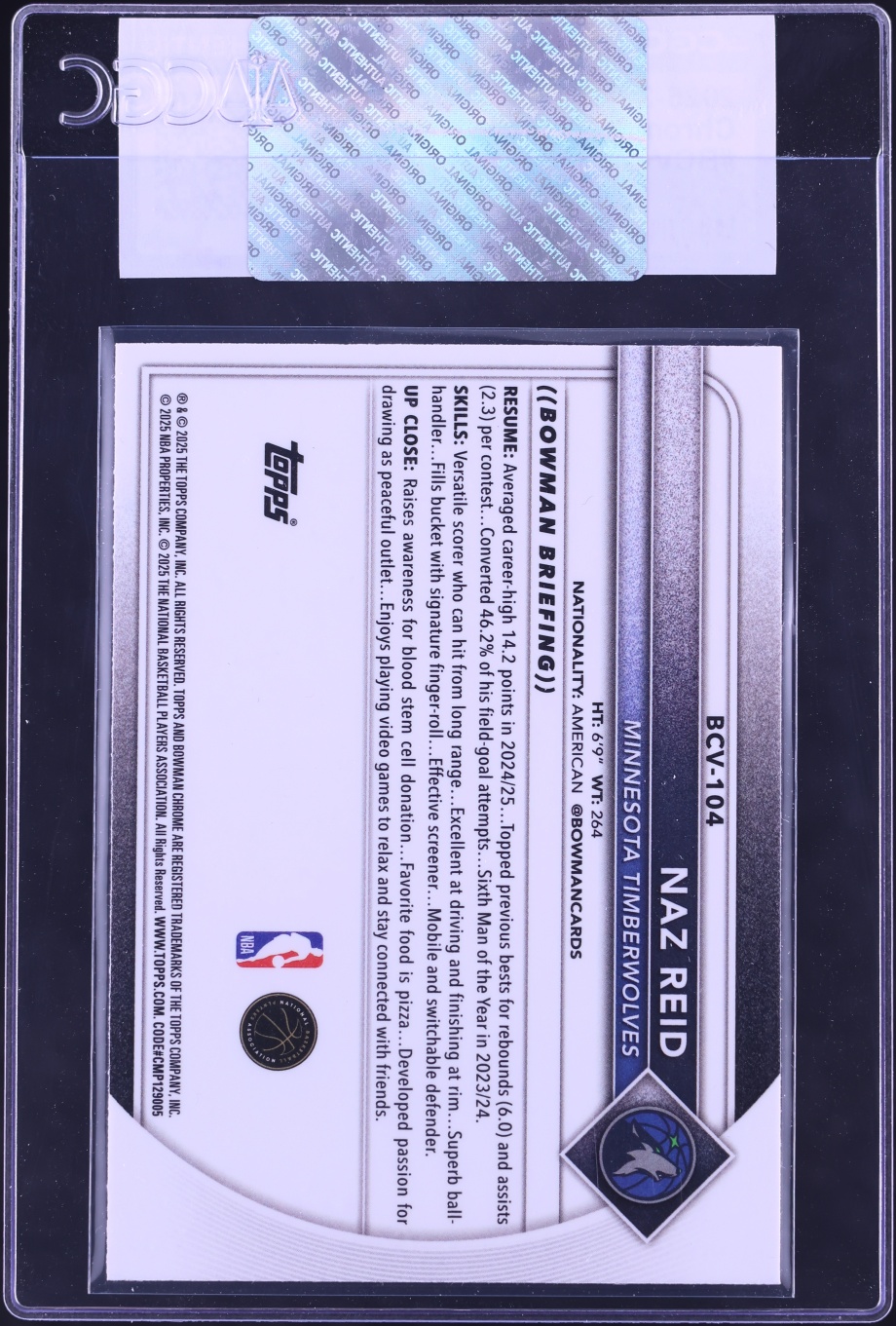 2025 Bowman Chrome Naz Reid #BCV-104 CGC AUTH