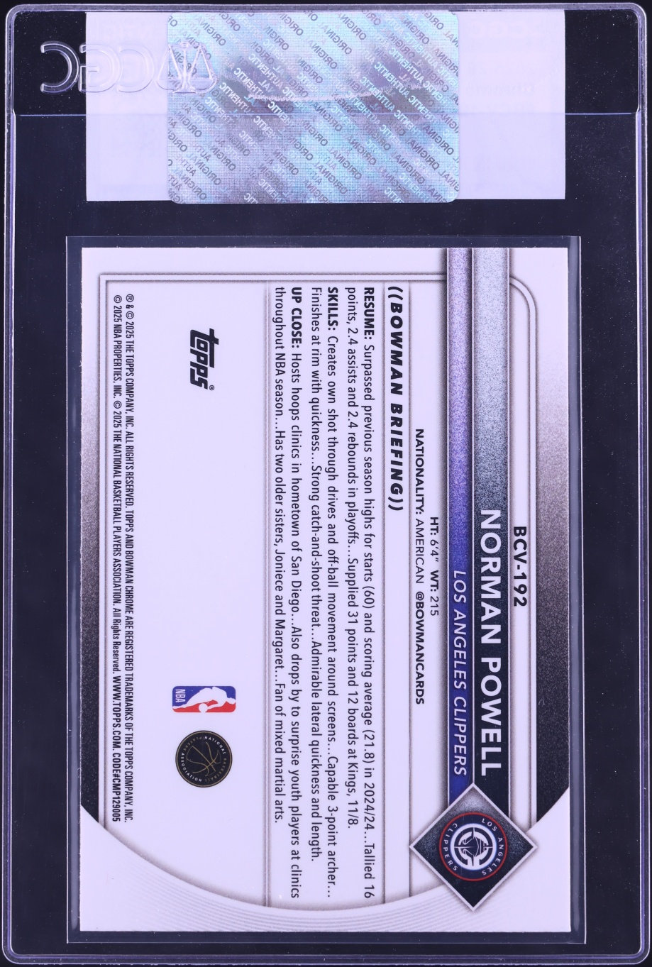 2025 Bowman Chrome Norman Powell #BCV-192 CGC AUTH