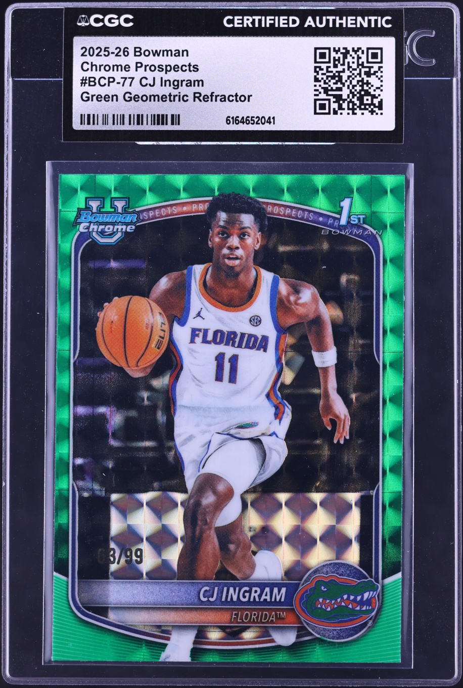 2025 Bowman Chrome U Prospects Green Geometric Refractor CJ Ingram ROOKIE /99 #BCP-77 CGC AUTH