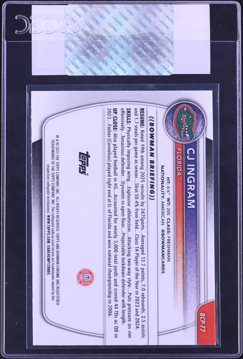 2025 Bowman Chrome U Prospects Green Geometric Refractor CJ Ingram ROOKIE /99 #BCP-77 CGC AUTH