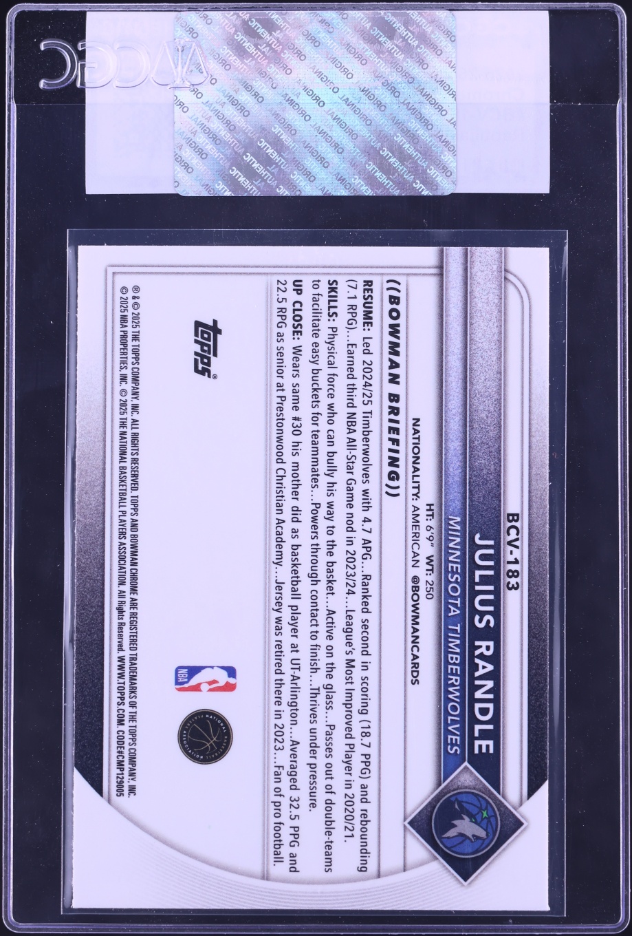 2025 Bowman Chrome Reptilian Refractor Julius Randle #BCV-183 CGC AUTH