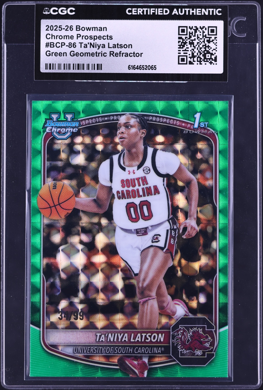 2025 Bowman Chrome U Green Geometric Refractor Ta'Niya Latson ROOKIE /99 #BCP-86 CGC AUTH