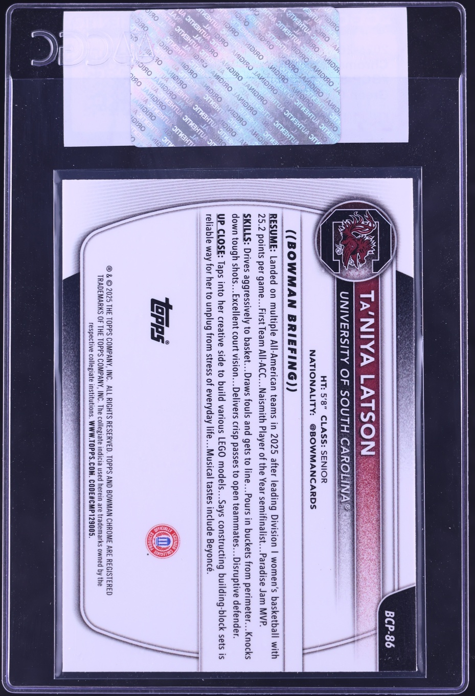 2025 Bowman Chrome U Green Geometric Refractor Ta'Niya Latson ROOKIE /99 #BCP-86 CGC AUTH