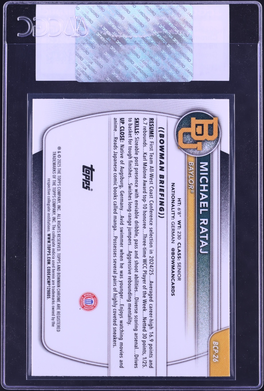 2025 Bowman Chrome U Green Geometric Refractor Michael Rataj ROOKIE /99 #BCP-26 CGC AUTH