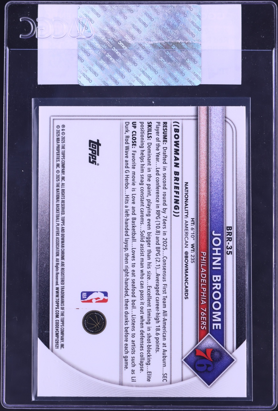 2025 Bowman Chrome Red Redemption Johni Broome ROOKIE #BRR-35 CGC AUTH