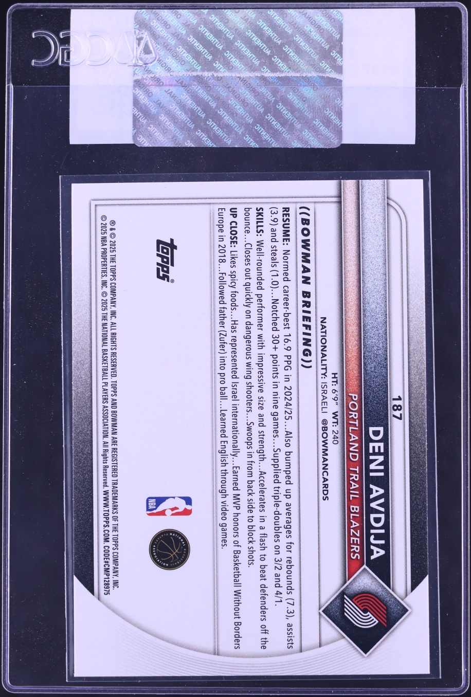 2025 Bowman Pink Deni Avdija /175 #187 CGC AUTH