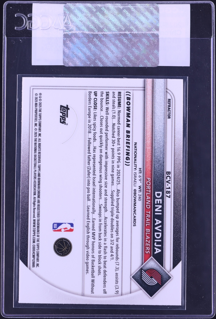 2025 Bowman Chrome Refractor Deni Avdija /499 #BCV-187 CGC AUTH
