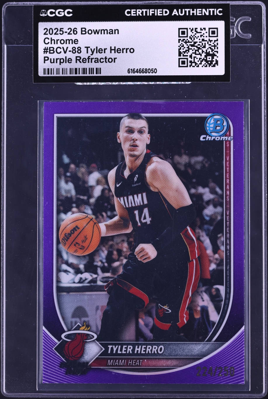 2025 Bowman Chrome Purple Refractor Tyler Herro /250 #BCV-88 CGC AUTH