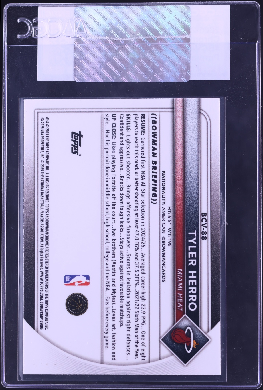 2025 Bowman Chrome Purple Refractor Tyler Herro /250 #BCV-88 CGC AUTH