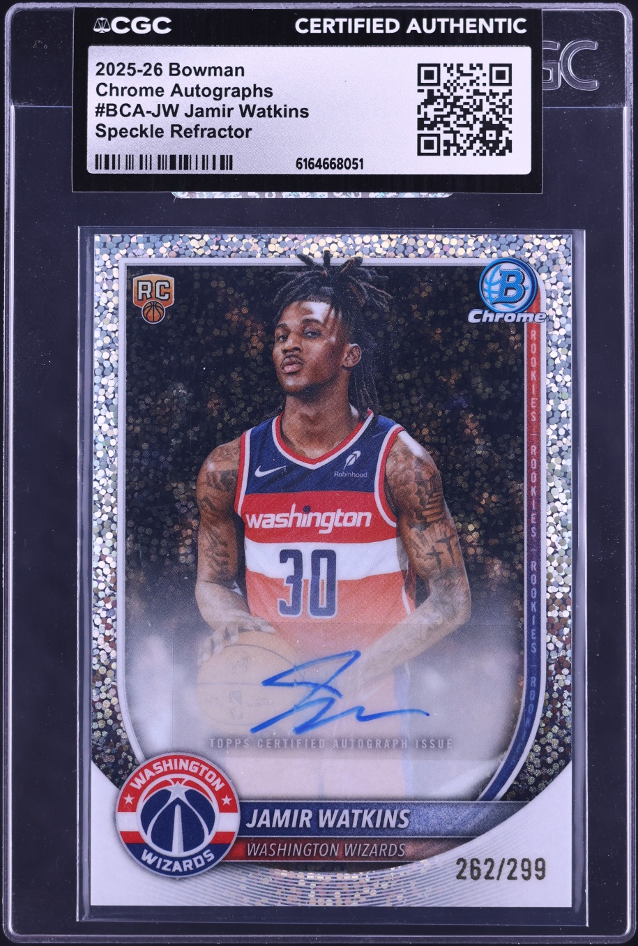 2025 Bowman Chrome Speckle Refractor Jamir Watkins ROOKIE AUTO /299 #BCA-JW CGC AUTH