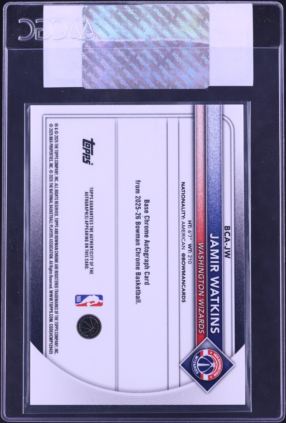 2025 Bowman Chrome Speckle Refractor Jamir Watkins ROOKIE AUTO /299 #BCA-JW CGC AUTH
